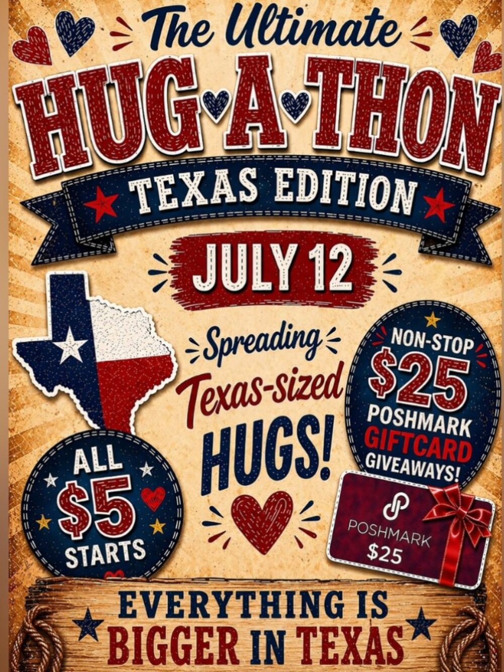 Next Train: 7/12/2026 3pm CT Texas Edition Hug-a-thon Train - $5 starts premium
